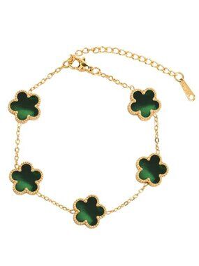 Women's Four-Leaf Jade Green Clover Bracelet Stainless Steel 18K Gold